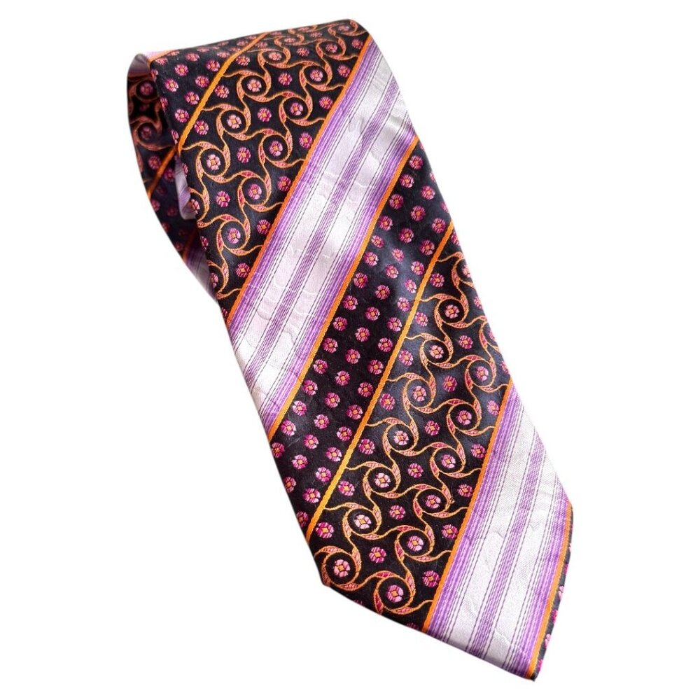 PAVONE Men's 100% Silk Necktie LUXURY‎ Tie Black Purple orange 3.5" W Textured